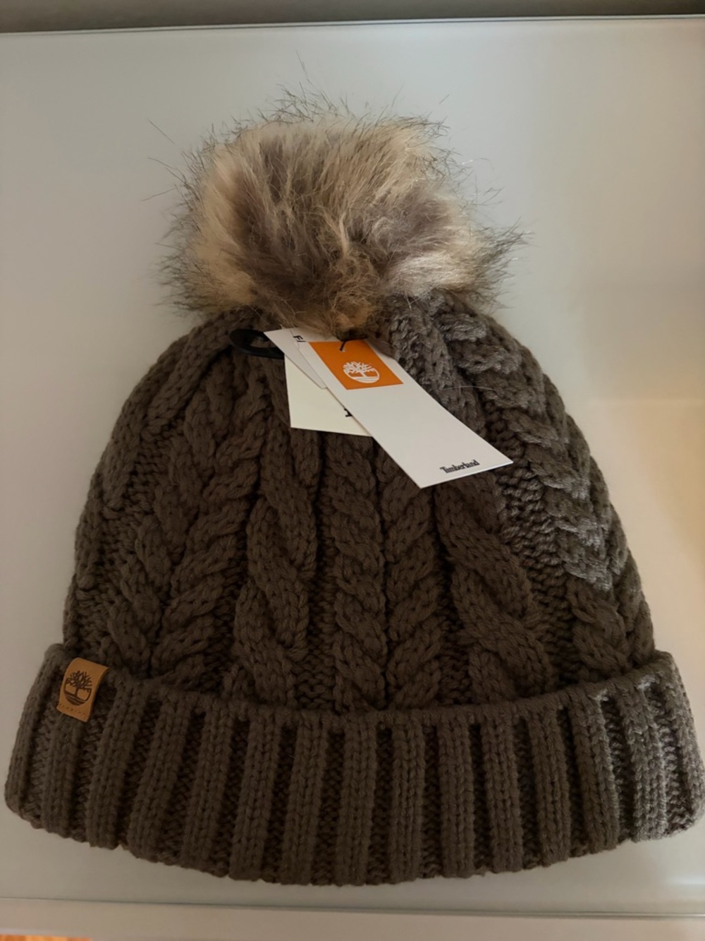 Timberland Olive Brown Cable Knit Pom Hat